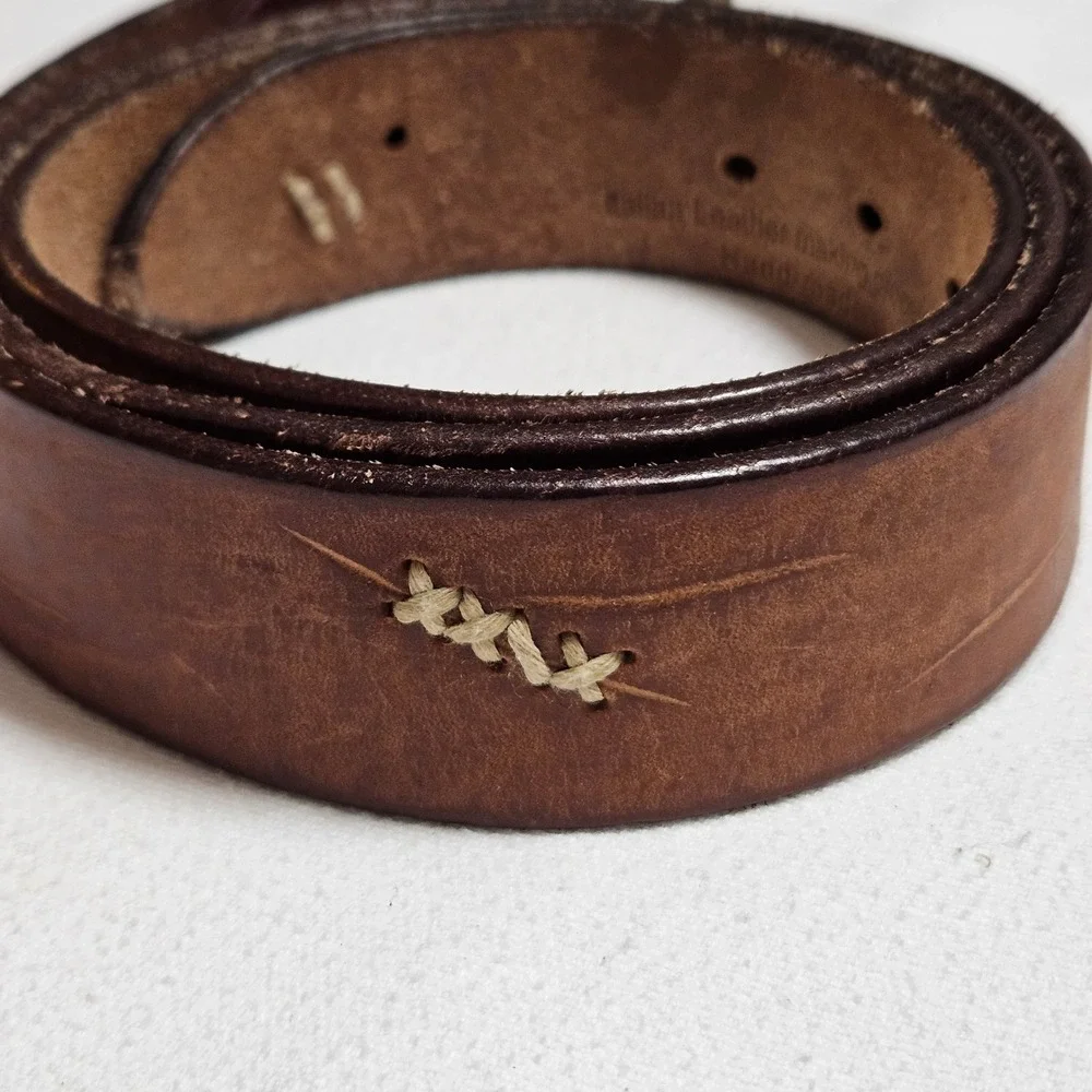 Handmade Brown Italian Leather Belt XL Antique Brass Roller Buckle Cross Stitch